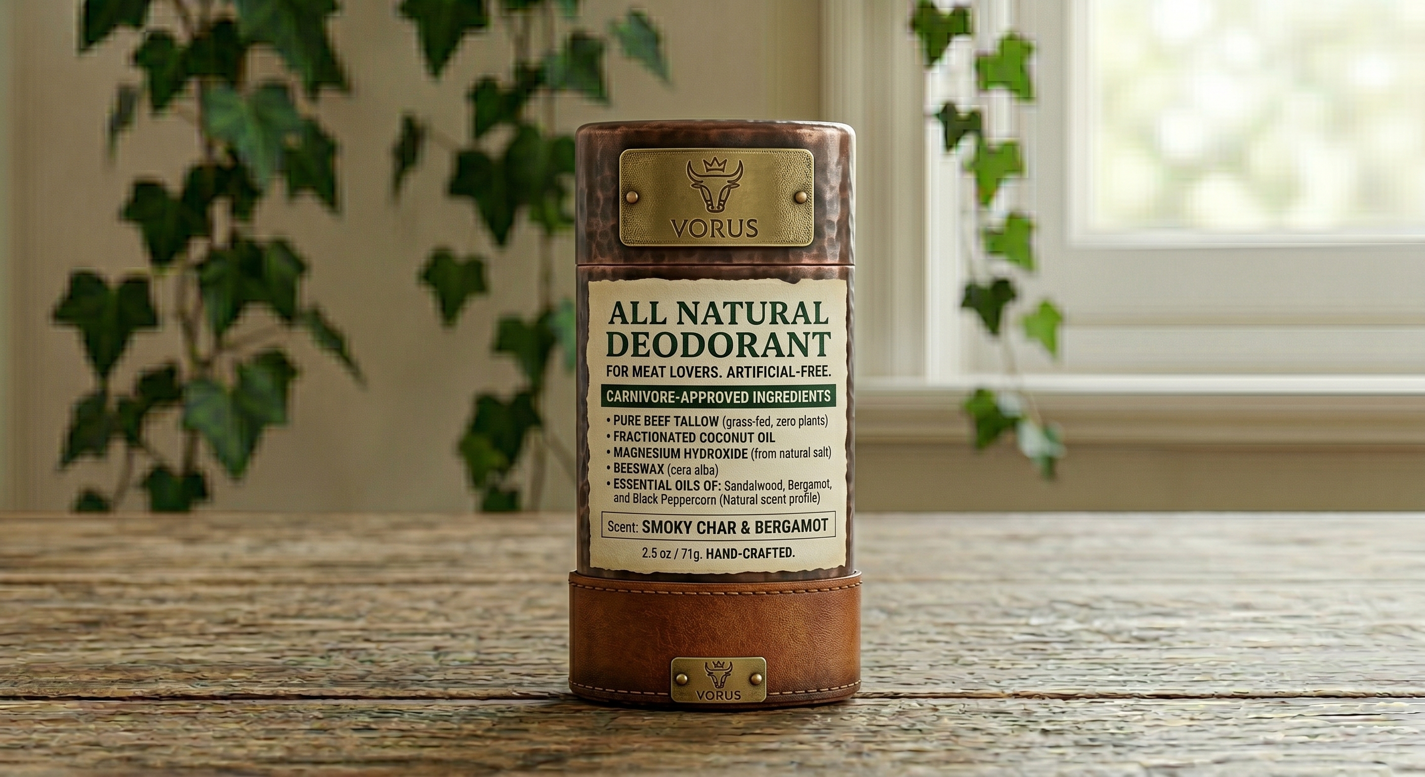Vorus All Natural Deodorant — a leather-and-copper push-up stick on a wooden table in warm natural light.