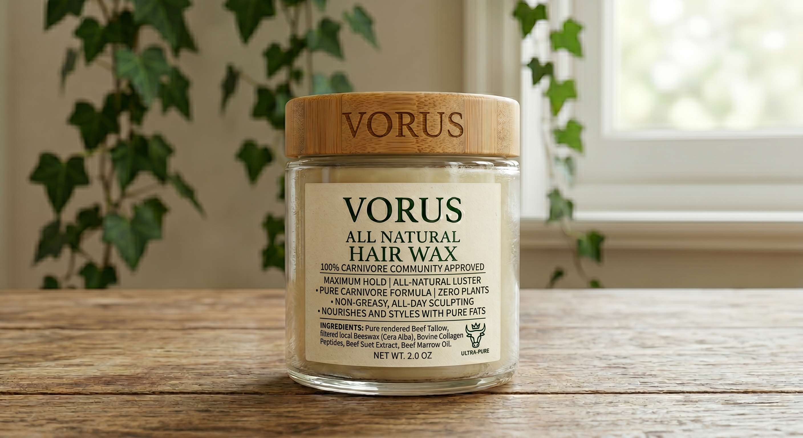 Vorus All Natural Hair Wax — glass jar with a bamboo lid of tallow-based pomade, on a wooden table in warm natural light.