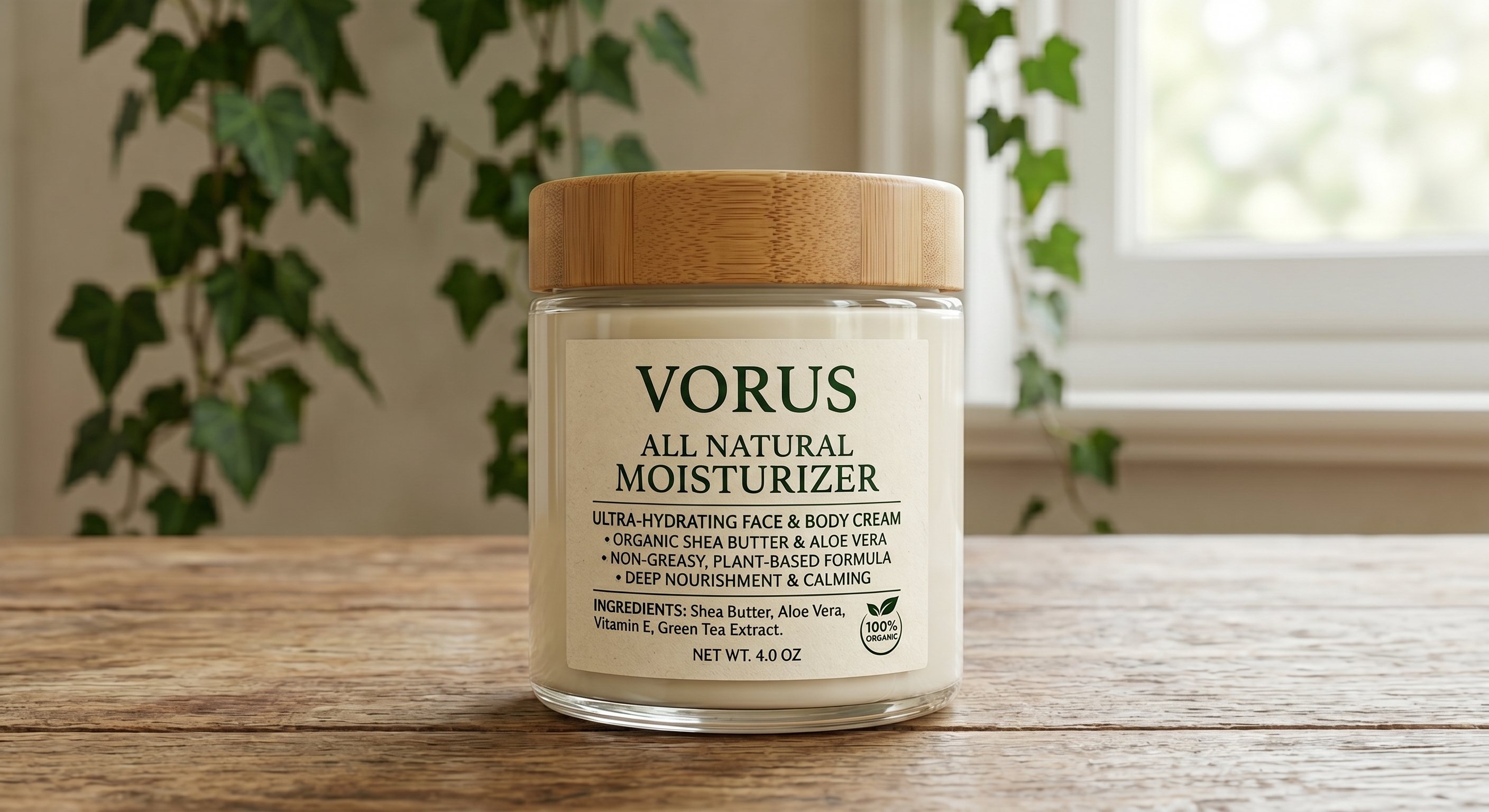 Vorus All Natural Moisturiser — glass jar of cream with a bamboo lid on a wooden table in warm natural light.