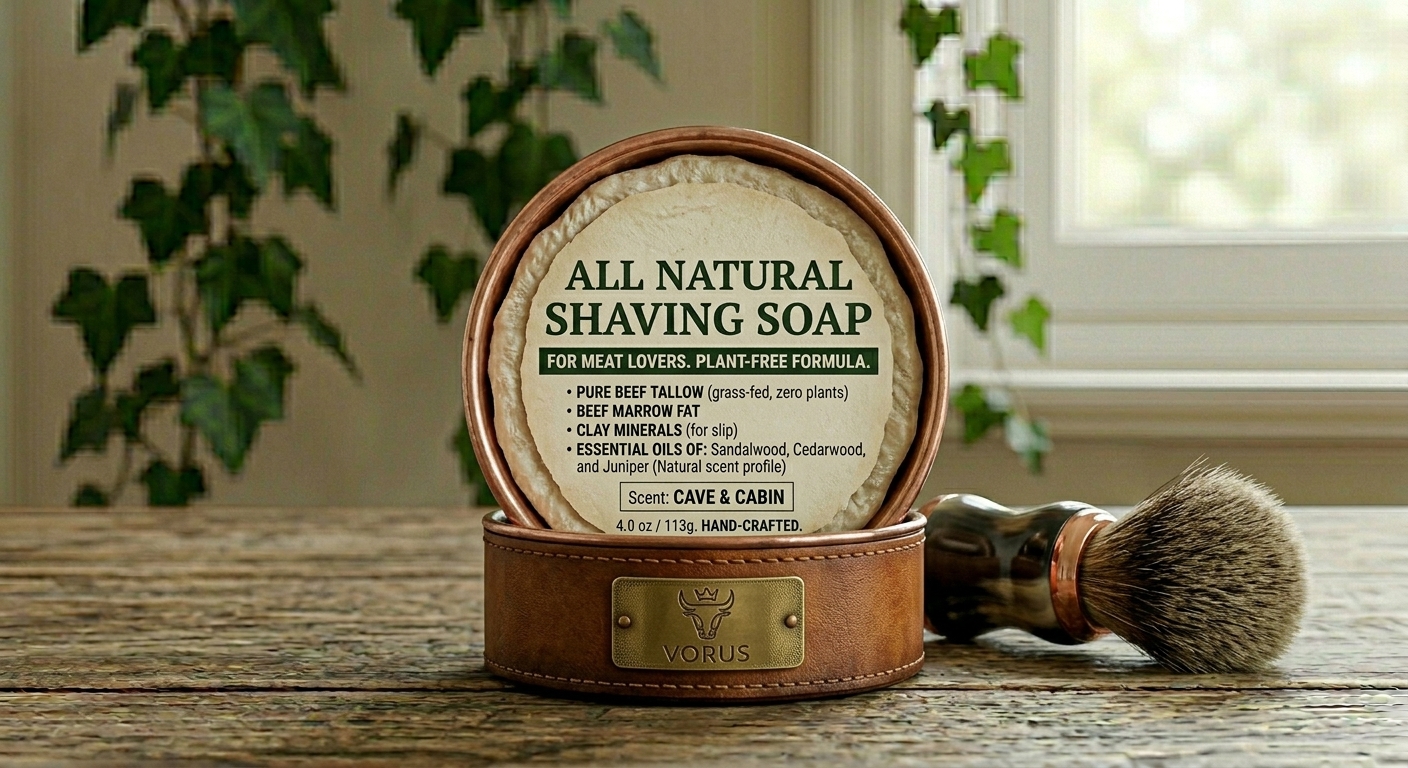Vorus All Natural Shaving Soap — a tallow shave soap puck in a leather-wrapped copper bowl beside a shaving brush, in warm natural light.