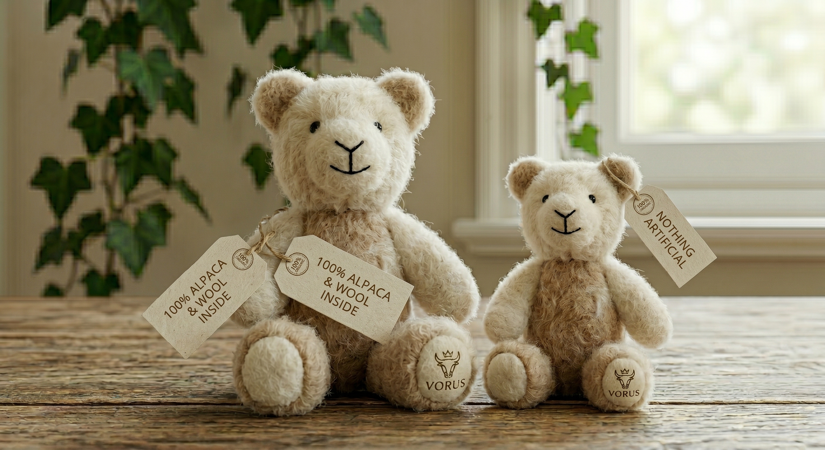 Two Vorus teddy bears in alpaca and wool, large and small, with kraft hang-tags reading 100% alpaca & wool, on a wooden table in warm natural light.