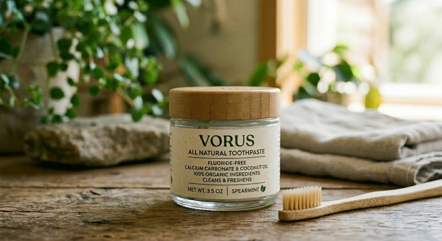 Vorus All Natural Toothpaste — glass jar with a bamboo lid beside a bamboo toothbrush, on a wooden table in warm natural light.